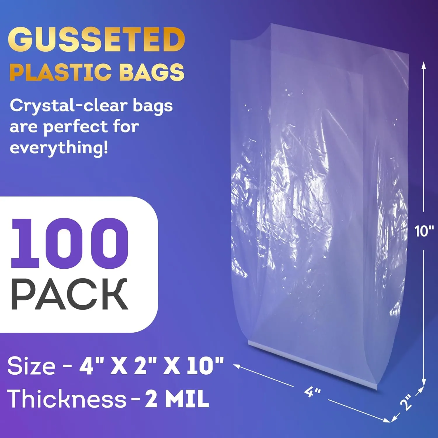 APQ Clear Gusseted Poly Bags, 4 x 2 x 10 Inches. Pack of 100 Waterproof Flat Bottom Gusseted Plastic Bags with Open Top. 2 Mil Thick Party Clear Plastic Bags for Packaging Popcorn, Cookies, Bread