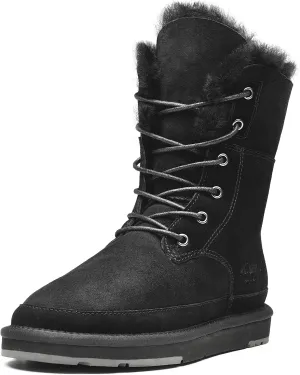 AU&MU Womens Leather Sheepskin Classic Lace up Mid Calf Flat Fur Winter Snow Boot Black Size 6