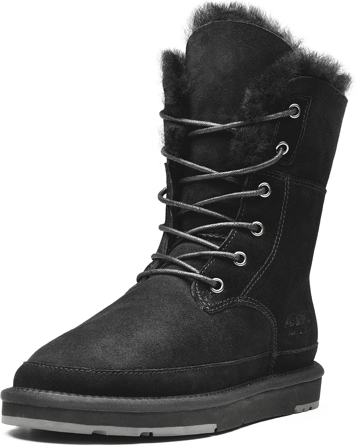 AU&MU Womens Leather Sheepskin Classic Lace up Mid Calf Flat Fur Winter Snow Boot Black Size 6