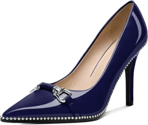 AUMOTED Women Beaded Pumps Pointed Toe Buckle Bow High Heel Stilettos Slip On 3.5 Inch Dress Shoes Office Party Patent Leather US Size 5-13