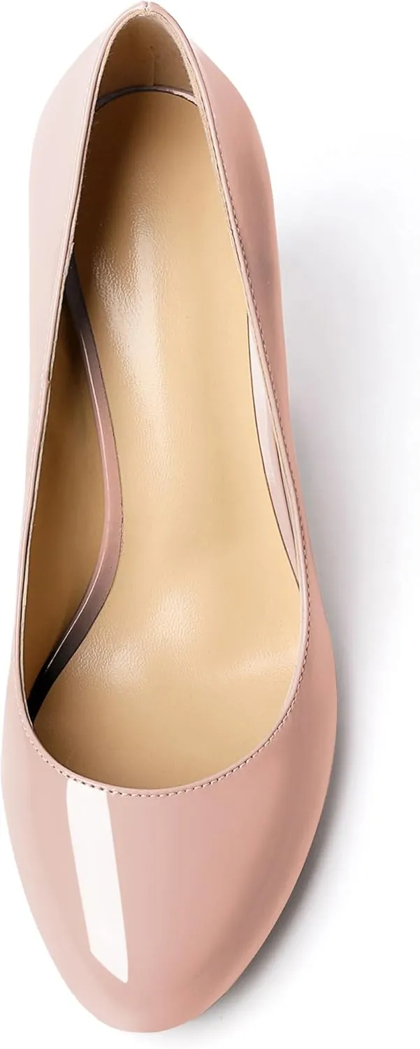 AUMOTED Women Casual Patent Round Toe Pumps Stiletto High Heel Slip On Evening Wedding Dress Shoes 3.4 Inch