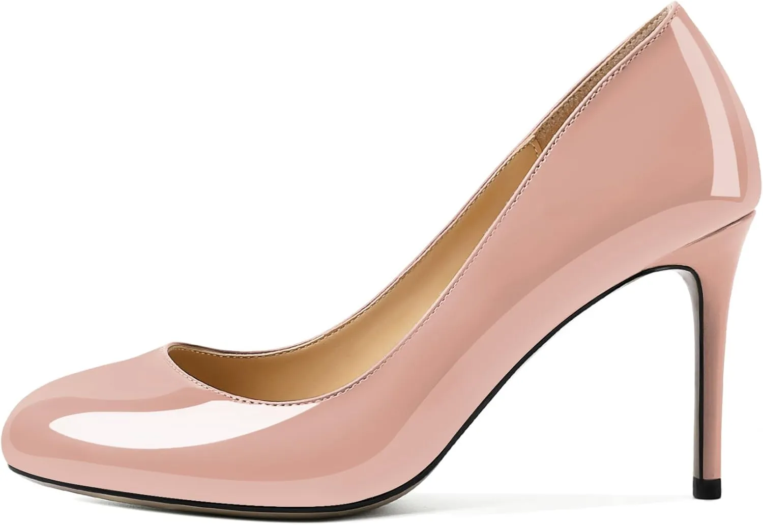AUMOTED Women Casual Patent Round Toe Pumps Stiletto High Heel Slip On Evening Wedding Dress Shoes 3.4 Inch