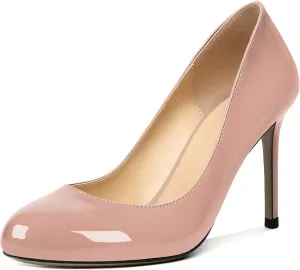AUMOTED Women Casual Patent Round Toe Pumps Stiletto High Heel Slip On Evening Wedding Dress Shoes 3.4 Inch
