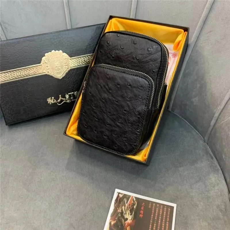 Authentic Real True Ostrich Skin Men's Arm Package Mini Wrist Bag Exotic Genuine Leather Male Casual Small ZIP Phone Case Bag