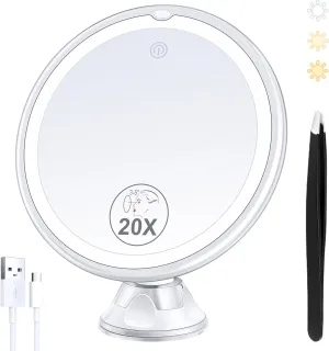B Beauty Planet Rechargeable Magnifying Mirror with Light, 20X Lighted Makeup Mirror, 3 Color Magnifying Makeup Mirror with 34 LEDs Light, 360° Rotation Vanity Mirror with Light, 1500 mAh 8 in