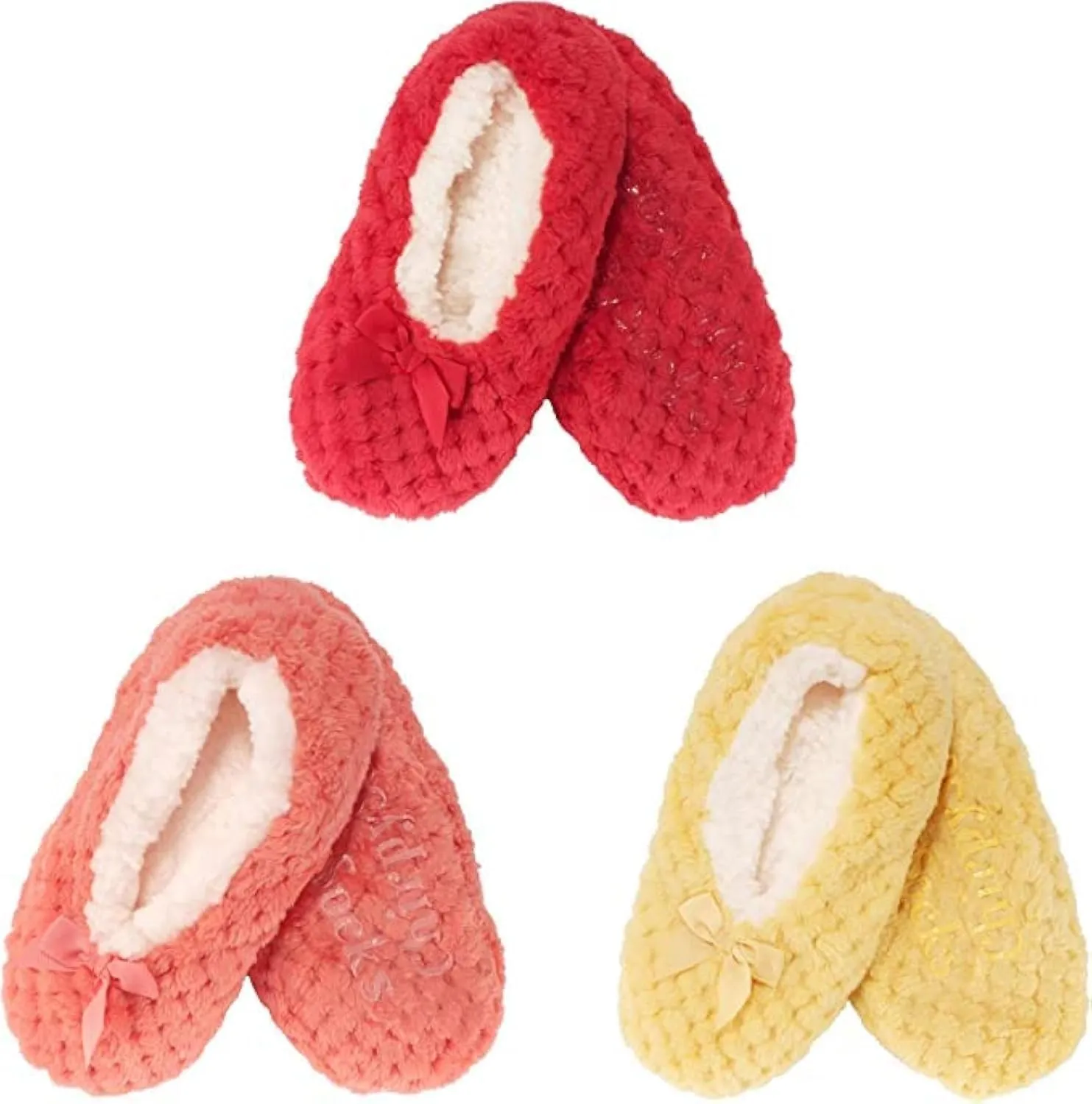 BambooMN Soft Touch Warm Cozy Fuzzy Non-Slip Lined Slip-On Slippers Socks for Adult Women, Indoor Travel House Slippers, 3 Pairs