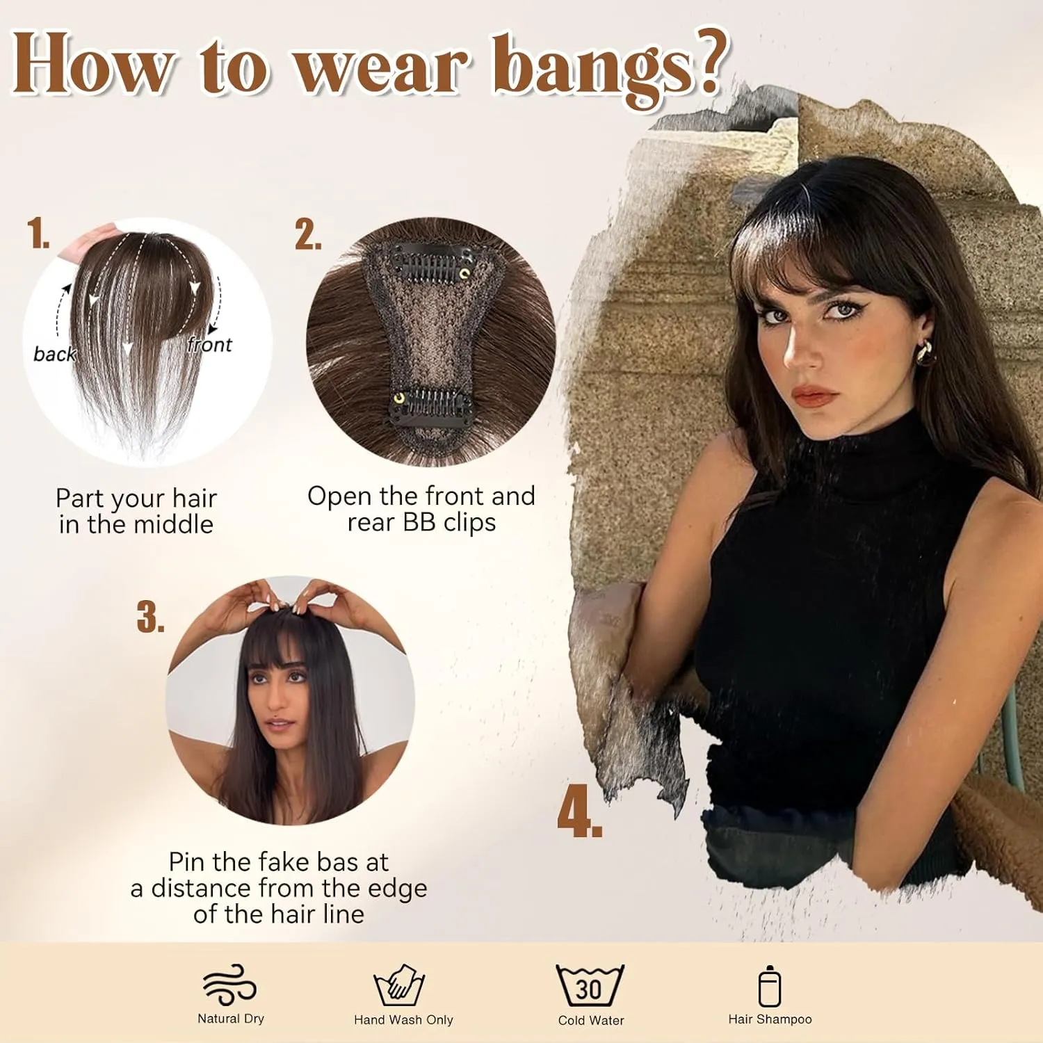Bangs Hair Clip in bangs 100% Real Human Hair Toppers 360°3D Cover Clip on Bangs for Women Hairpieces French Bangs for Daily Wear (5 * 7 Brown Black)