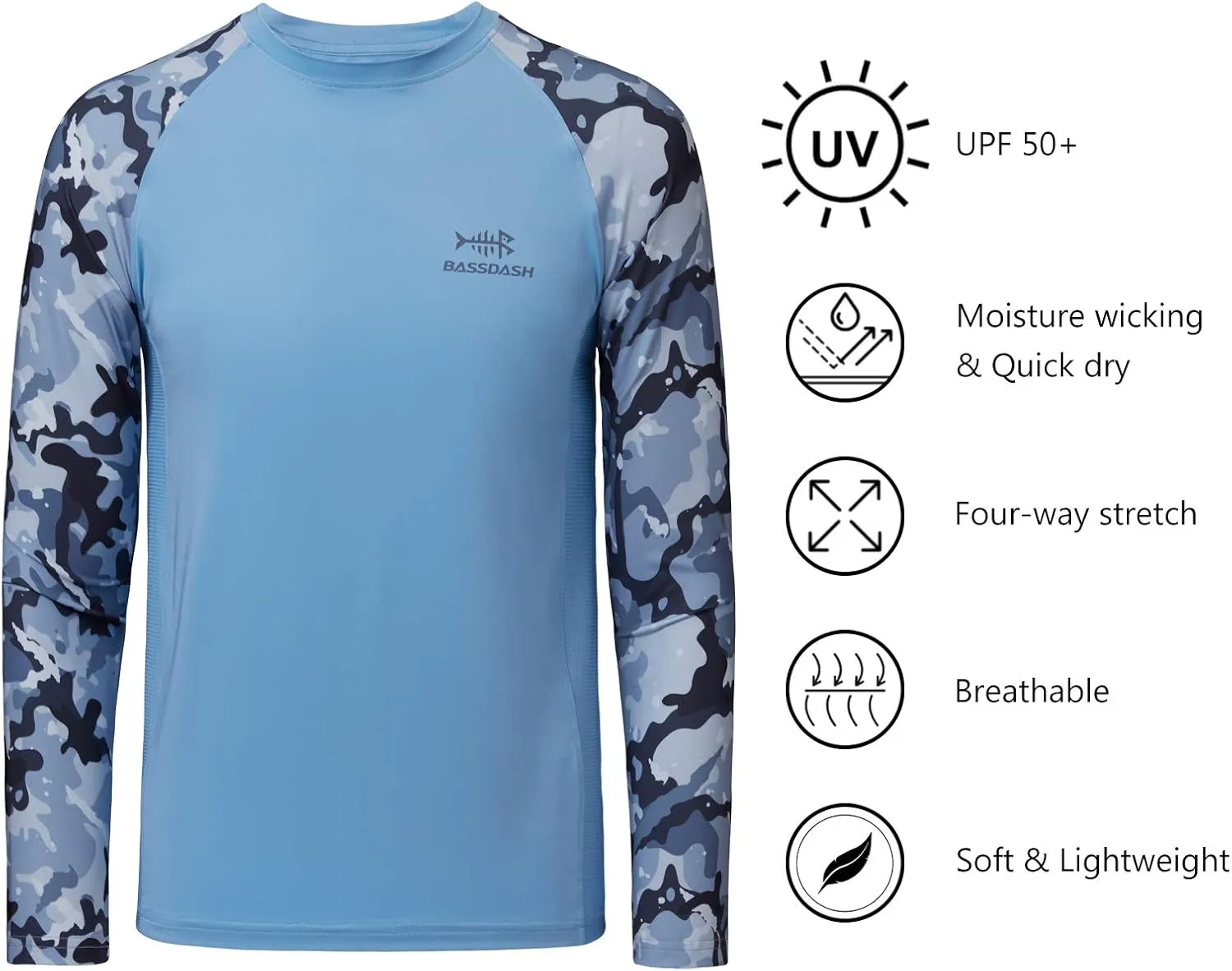 BASSDASH Youth UPF50  Camo Long Sleeve Fishing Shirt UV Protection Quick Dry Tee