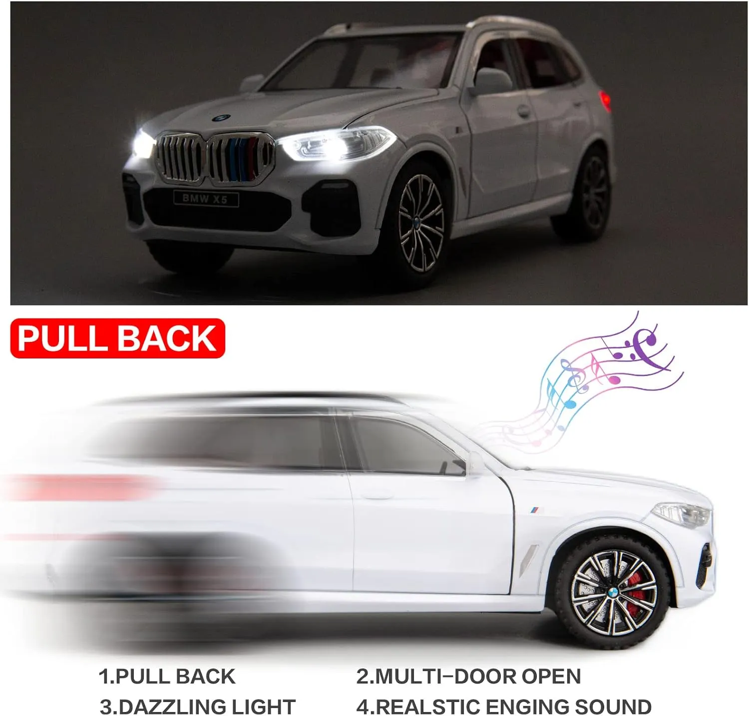 BDTCTK 1:24 Compatible for X5 SUV Model Car Toy, Zinc Alloy Pull Back Toy car with Sound and Light for Kids Boy Girl Gift(White)