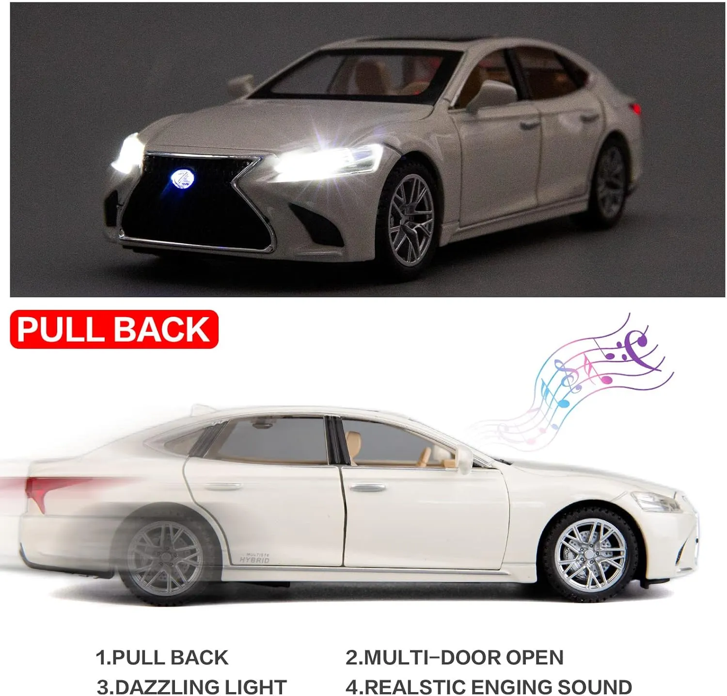 BDTCTK 1/32 Compatible for Lexus Ls500h Model Car, Zinc Alloy Pull Back Toy car with Sound and Light for Kids Boy Girl Gift(White)