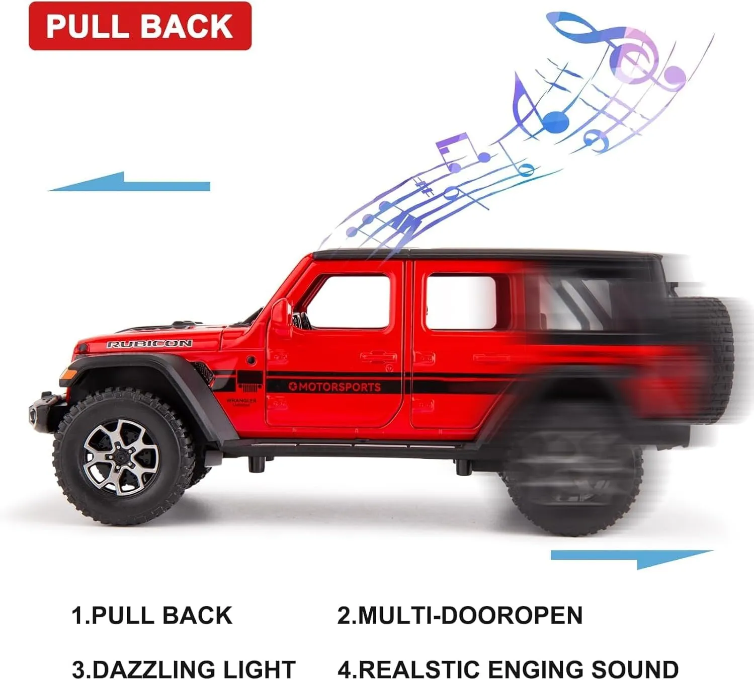 BDTCTK Off-Road 7 Door for Wrangler Diecast Toy Car Model, 1/22 Scale Metal Alloy Vehicle for Kids Boys Girls Adults, Doors Open, Light and Sound, Gifts Red