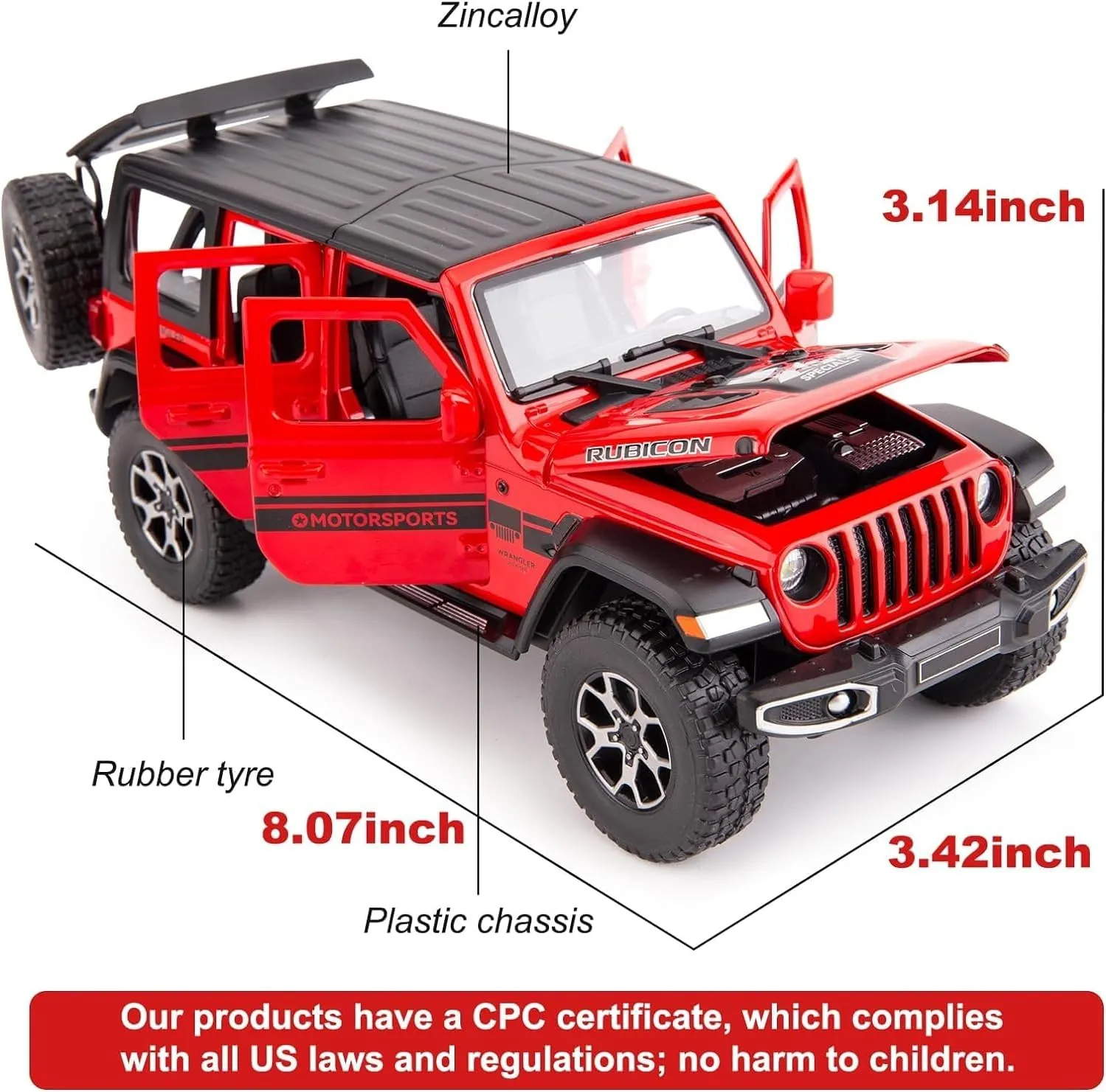 BDTCTK Off-Road 7 Door for Wrangler Diecast Toy Car Model, 1/22 Scale Metal Alloy Vehicle for Kids Boys Girls Adults, Doors Open, Light and Sound, Gifts Red