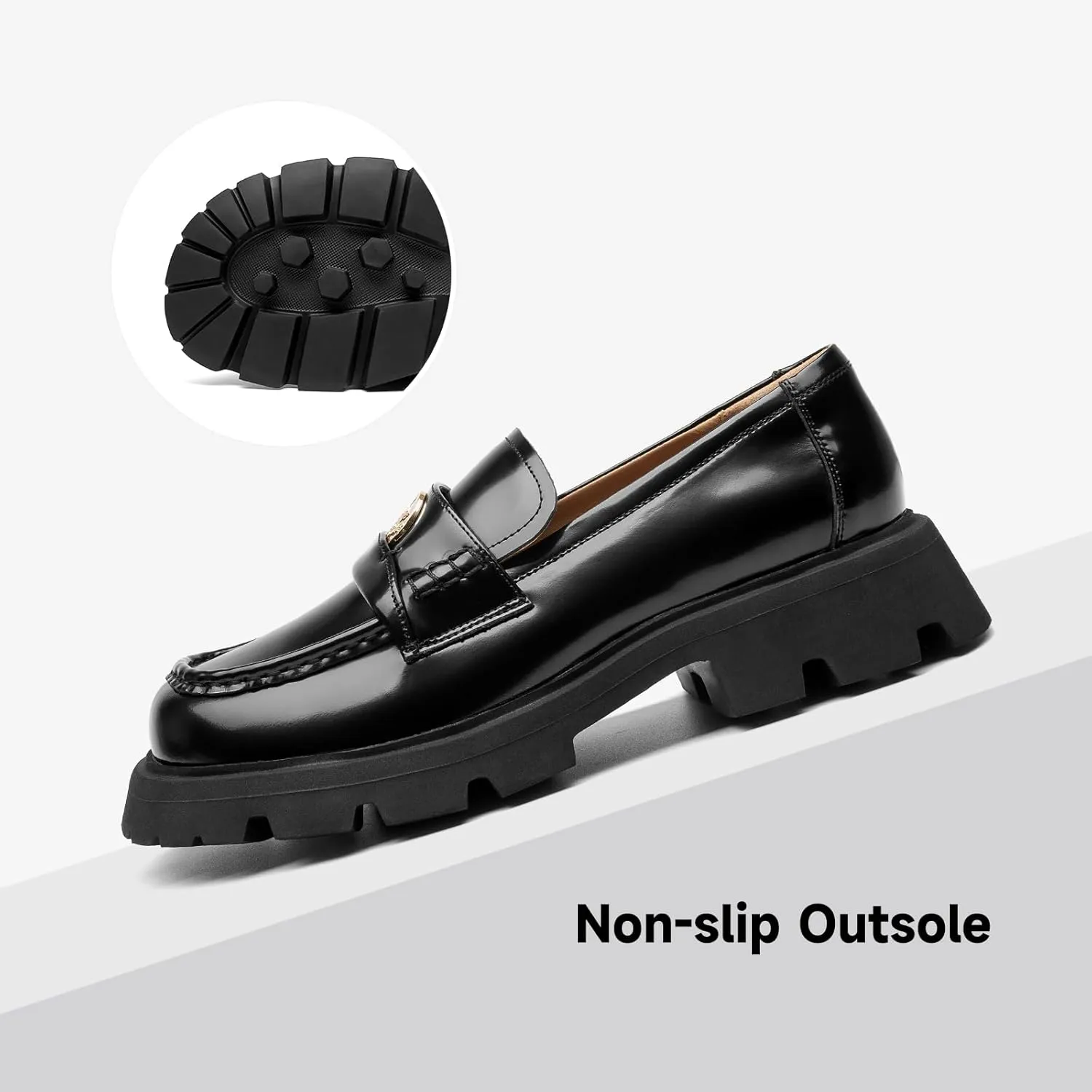BEAU TODAY Platform Loafers for Women, Lug Sole Penny Loafer Shoes Womens Chunly Platform Business Slip-on Casual Round Toe Polished Leather Shoes