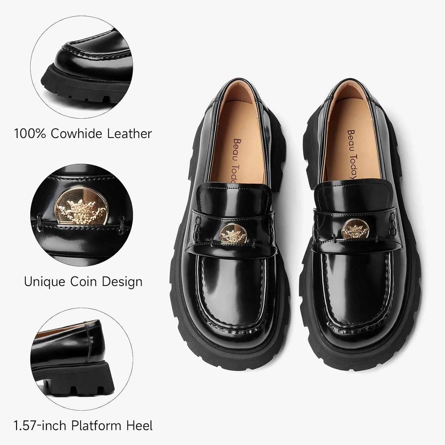 BEAU TODAY Platform Loafers for Women, Lug Sole Penny Loafer Shoes Womens Chunly Platform Business Slip-on Casual Round Toe Polished Leather Shoes
