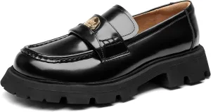 BEAU TODAY Platform Loafers for Women, Lug Sole Penny Loafer Shoes Womens Chunly Platform Business Slip-on Casual Round Toe Polished Leather Shoes