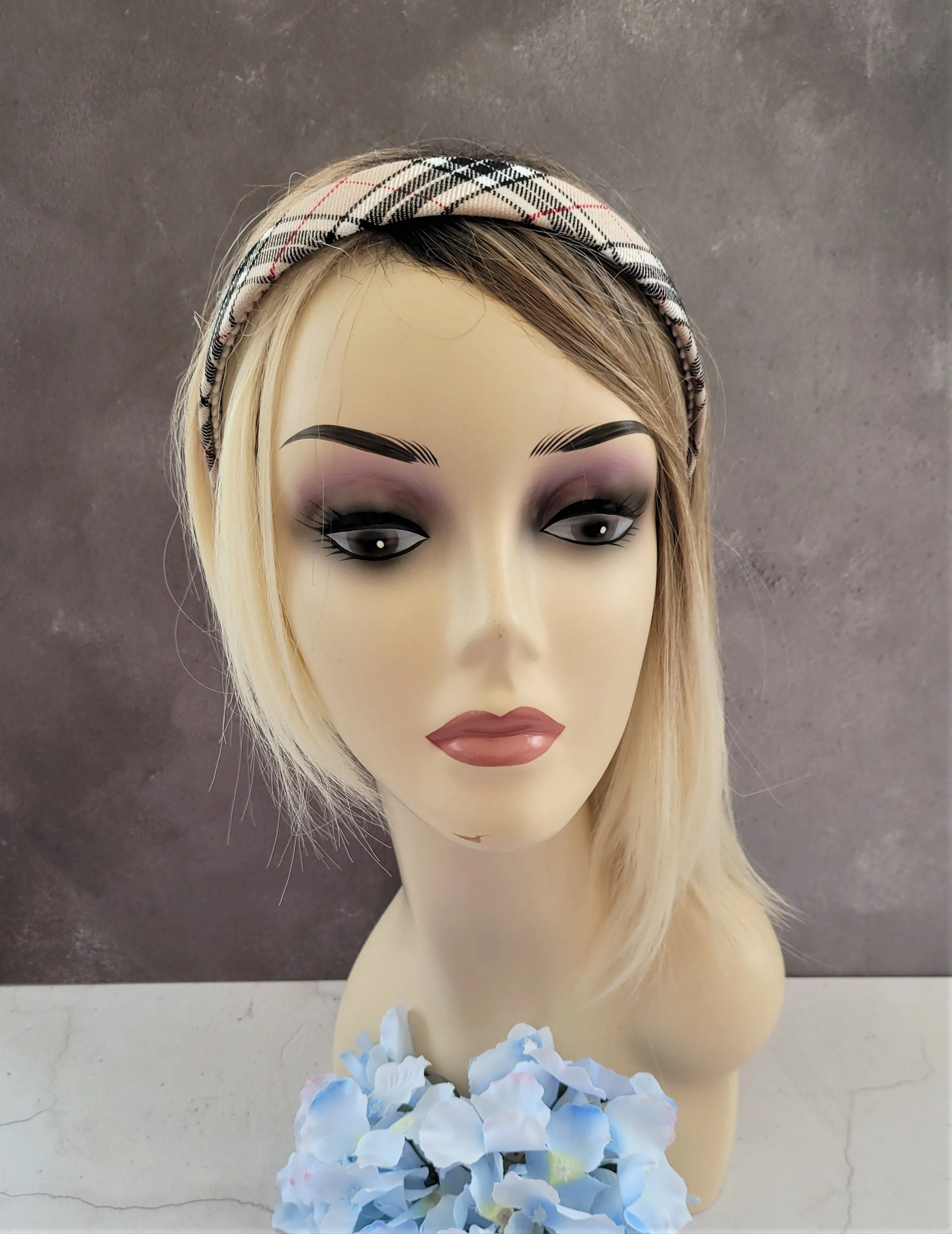 Beige Tartan Check Alice Band Headband