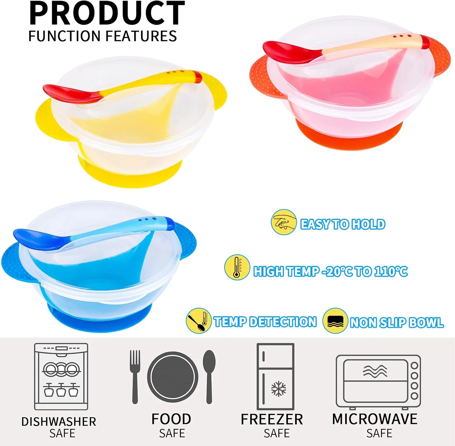 Berry President Baby Bowls with Suction Base, Spill-Proof Lid, Temperature-Sensing Spoon, Binaural Design Bowl for Babies Kids children Toddlers, First Stage Self Feeding (Pack of 3)