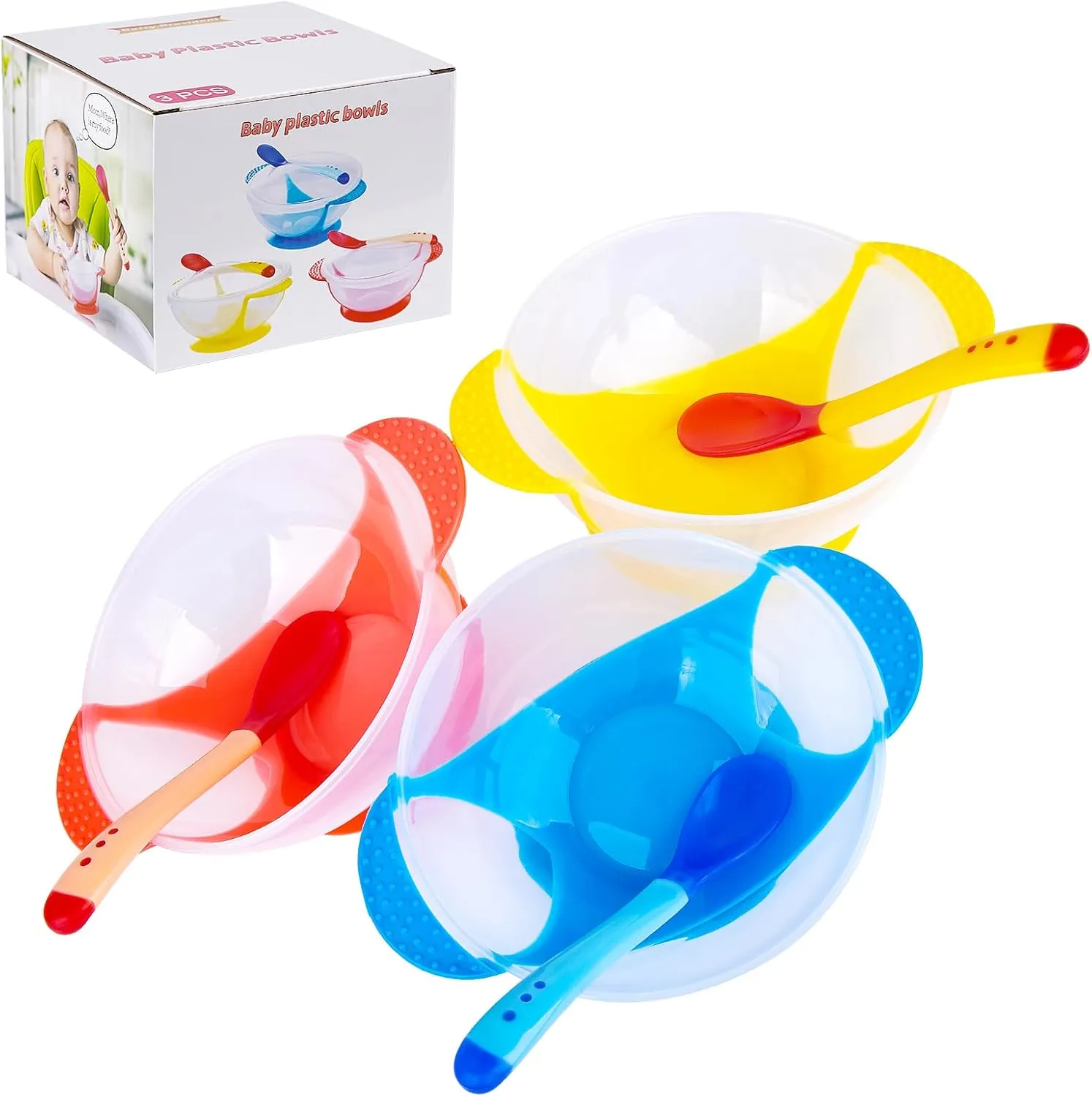 Berry President Baby Bowls with Suction Base, Spill-Proof Lid, Temperature-Sensing Spoon, Binaural Design Bowl for Babies Kids children Toddlers, First Stage Self Feeding (Pack of 3)