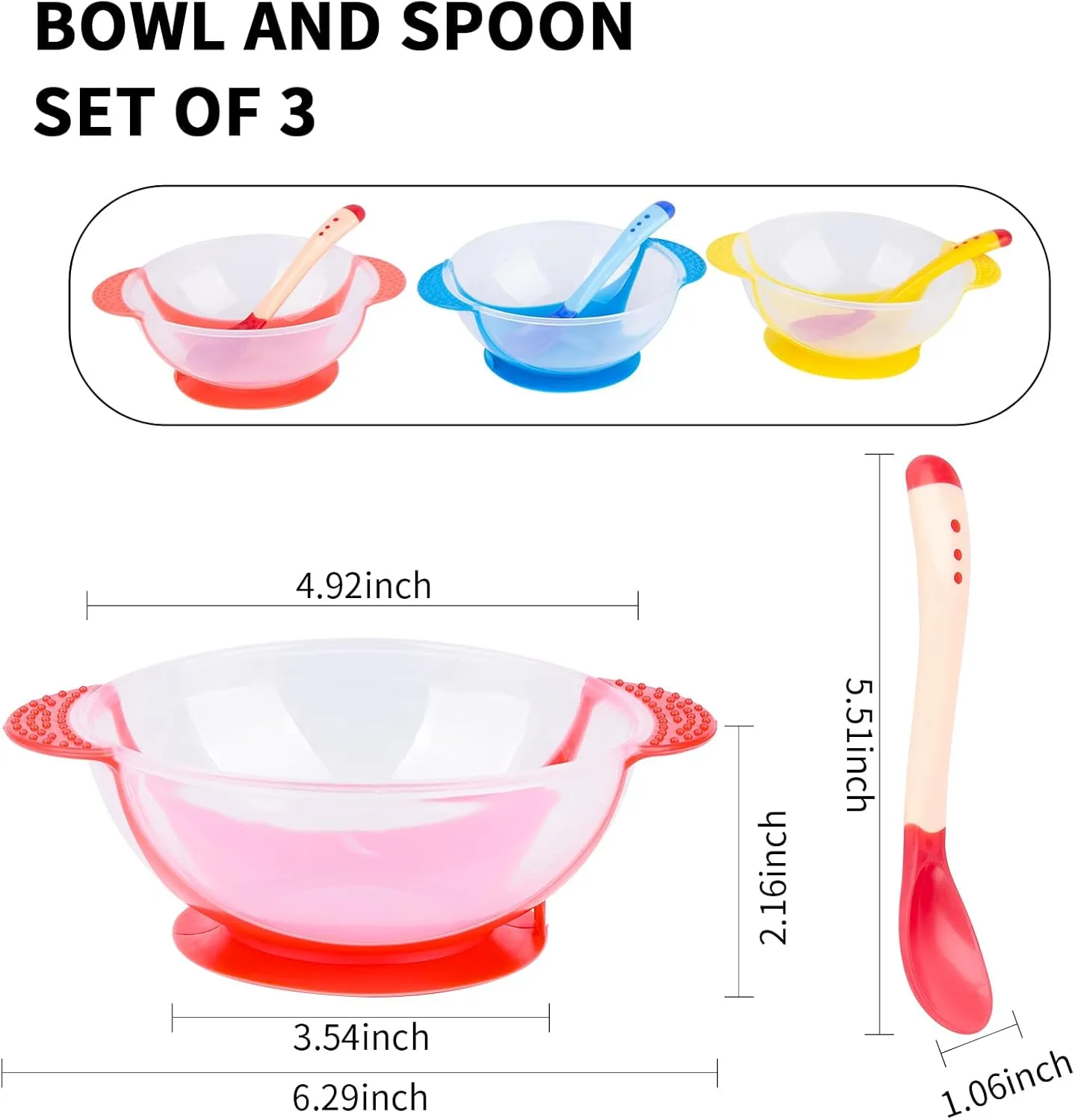 Berry President Baby Bowls with Suction Base, Spill-Proof Lid, Temperature-Sensing Spoon, Binaural Design Bowl for Babies Kids children Toddlers, First Stage Self Feeding (Pack of 3)