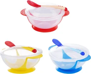 Berry President Baby Bowls with Suction Base, Spill-Proof Lid, Temperature-Sensing Spoon, Binaural Design Bowl for Babies Kids children Toddlers, First Stage Self Feeding (Pack of 3)