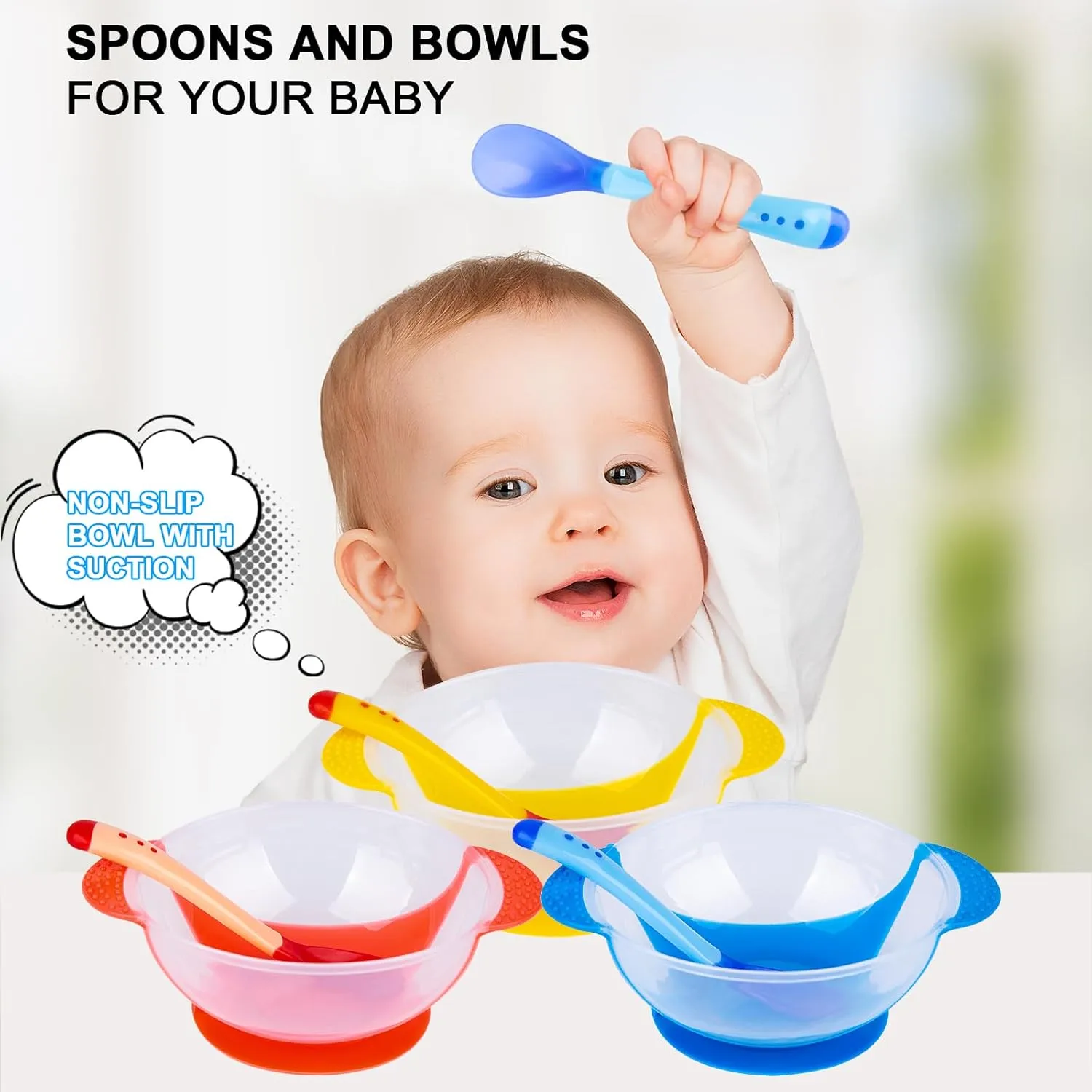 Berry President Baby Bowls with Suction Base, Spill-Proof Lid, Temperature-Sensing Spoon, Binaural Design Bowl for Babies Kids children Toddlers, First Stage Self Feeding (Pack of 3)