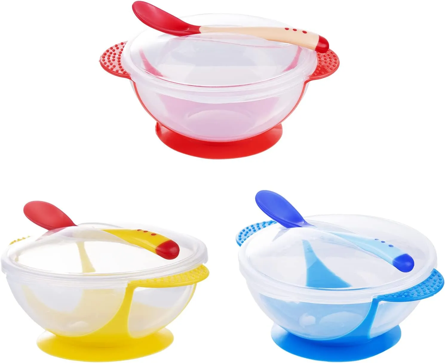 Berry President Baby Bowls with Suction Base, Spill-Proof Lid, Temperature-Sensing Spoon, Binaural Design Bowl for Babies Kids children Toddlers, First Stage Self Feeding (Pack of 3)