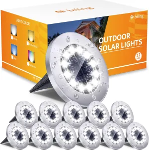 Biling Outdoor Lights 12 Packs, Bright 12 LEDs Waterproof, Ground Flat Pathway Lights Solar Powered for Yard Walkway Garden Driveway (White)