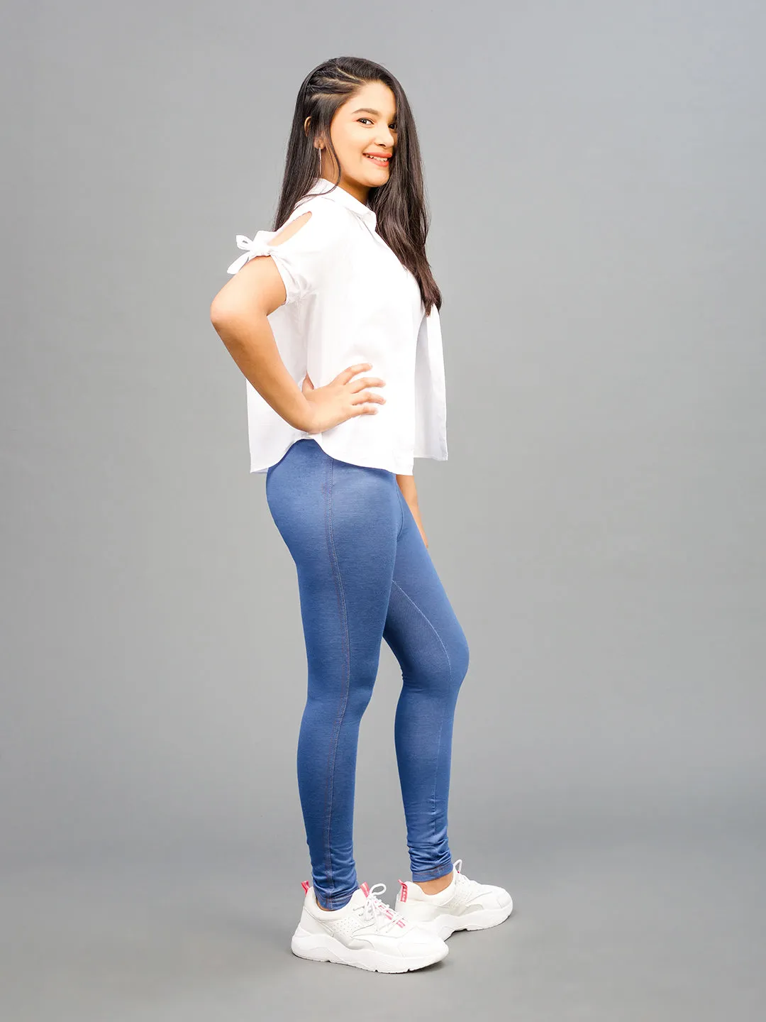 Blue Cotton Poly Stretch Knit Jeggings