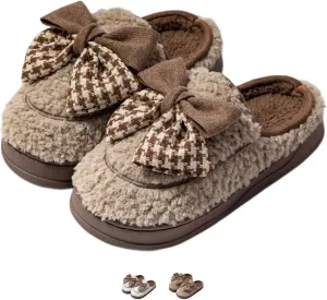 Bow House Slippers for Women Cute Soft Fleece Winter Warm Bow Tie Slippers Plush Slip On Home Slippers with Bows Non Slip Comfy Cozy Indoor Fuzzy Bedroom Shoes