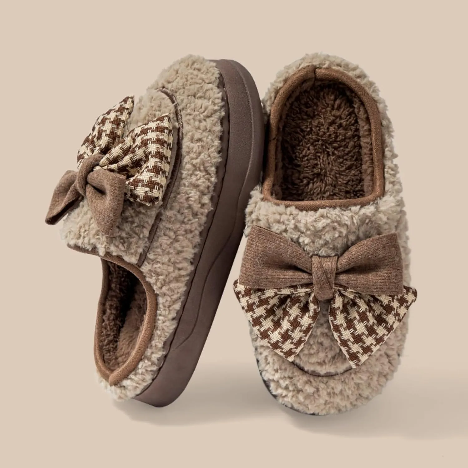 Bow House Slippers for Women Cute Soft Fleece Winter Warm Bow Tie Slippers Plush Slip On Home Slippers with Bows Non Slip Comfy Cozy Indoor Fuzzy Bedroom Shoes
