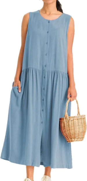 Bozanly Summer Sleeveless Maxi Dress for Women Button Down Midi Dresses with Pockets Solid Color Loose Flowy Beach Dress