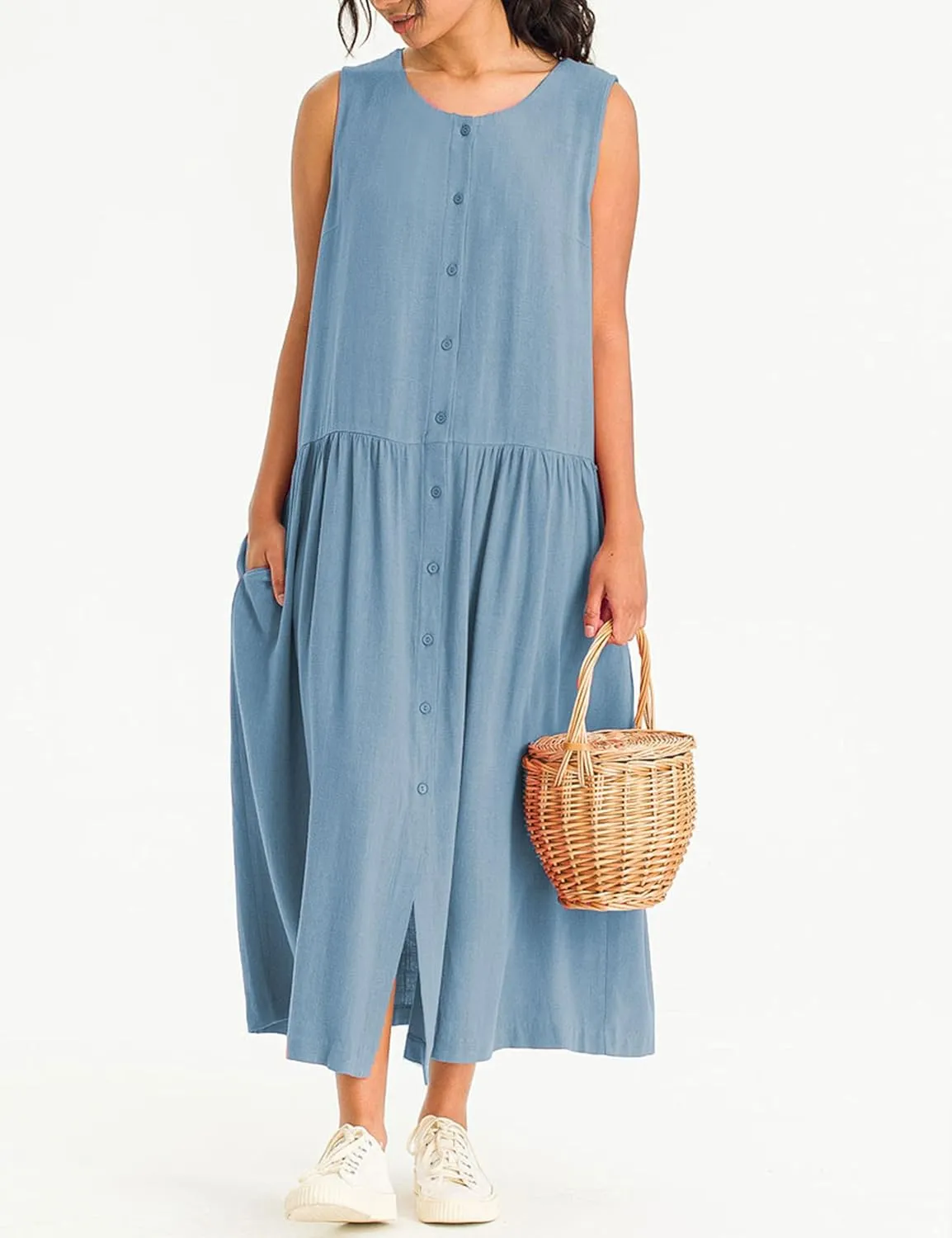 Bozanly Summer Sleeveless Maxi Dress for Women Button Down Midi Dresses with Pockets Solid Color Loose Flowy Beach Dress