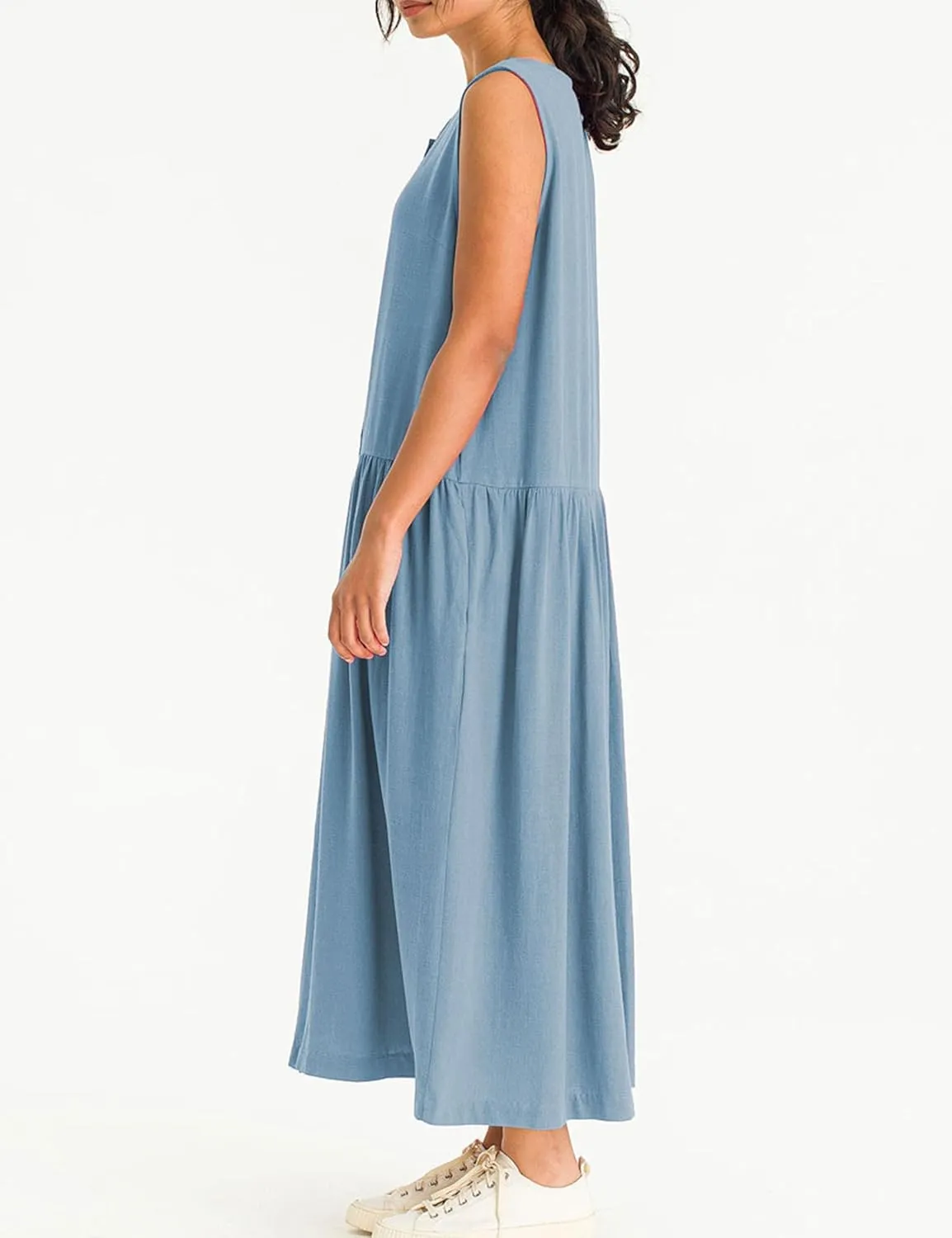 Bozanly Summer Sleeveless Maxi Dress for Women Button Down Midi Dresses with Pockets Solid Color Loose Flowy Beach Dress