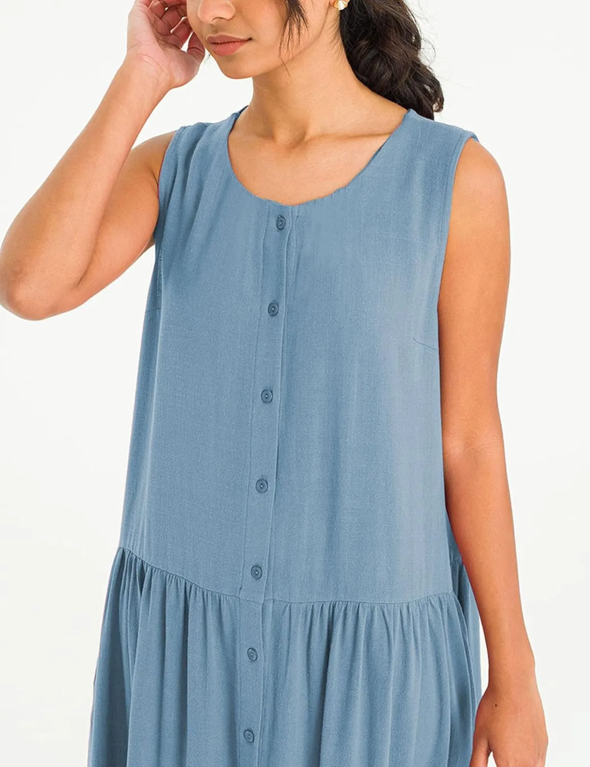 Bozanly Summer Sleeveless Maxi Dress for Women Button Down Midi Dresses with Pockets Solid Color Loose Flowy Beach Dress