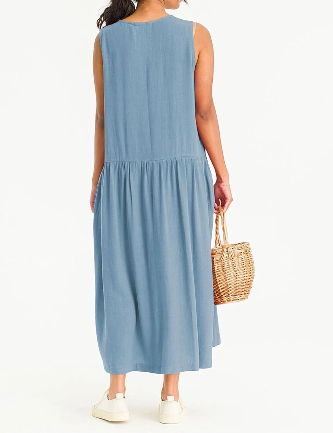 Bozanly Summer Sleeveless Maxi Dress for Women Button Down Midi Dresses with Pockets Solid Color Loose Flowy Beach Dress