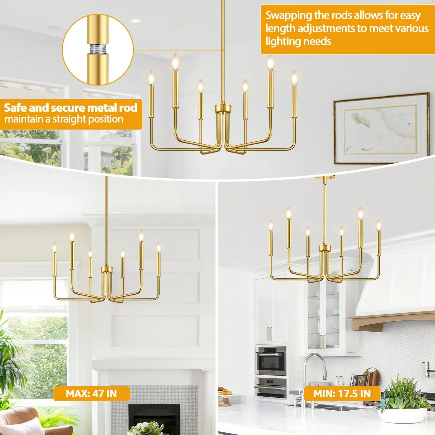 Brass Gold Chandelier, 6-Light Chandelier Light Fixture Farmhouse Chandeliers for Dining Room, Vintage Candle Pendant Light Fixtures Chandelier for Bedroom, Kitchen, Foyer, Entryway and Living Room