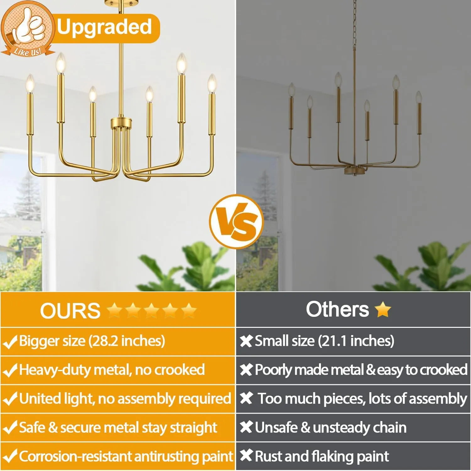 Brass Gold Chandelier, 6-Light Chandelier Light Fixture Farmhouse Chandeliers for Dining Room, Vintage Candle Pendant Light Fixtures Chandelier for Bedroom, Kitchen, Foyer, Entryway and Living Room