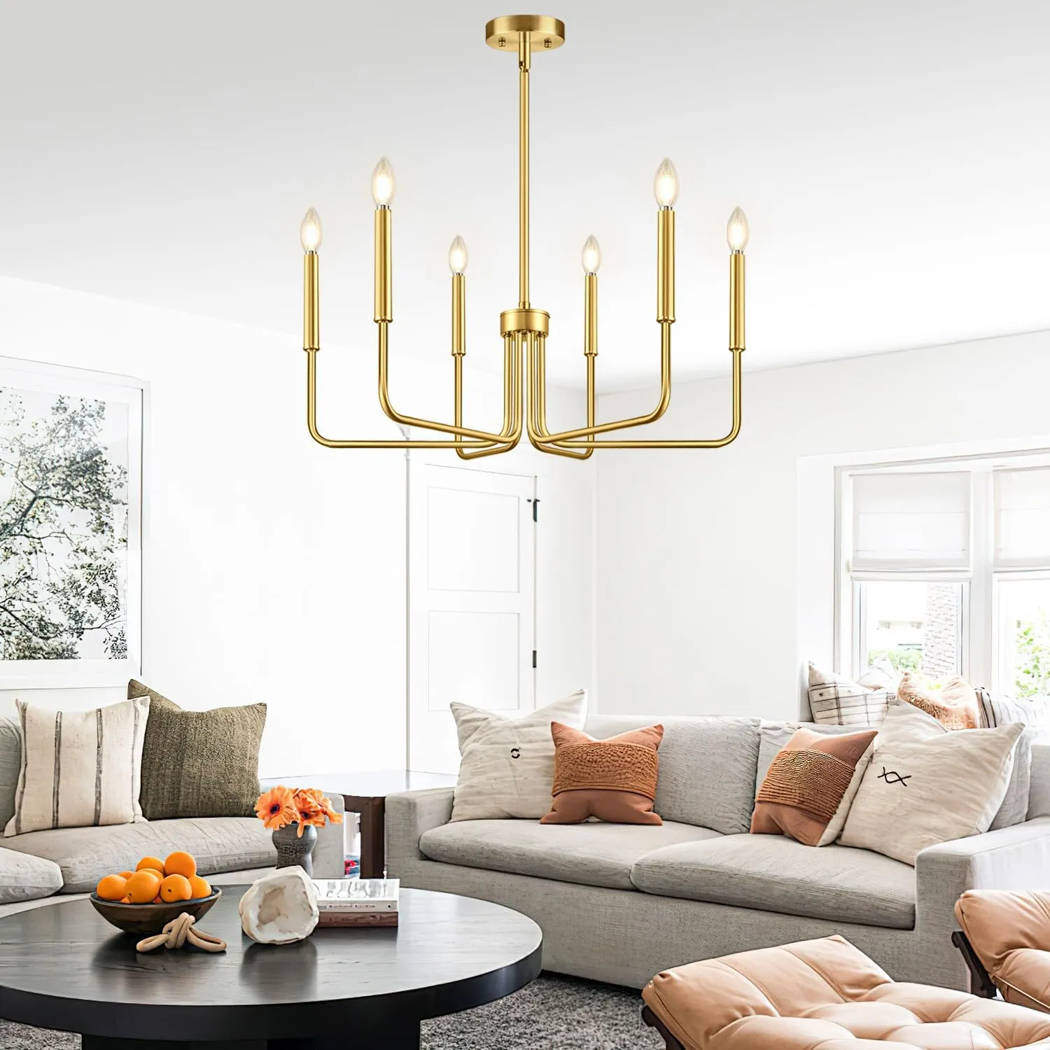 Brass Gold Chandelier, 6-Light Chandelier Light Fixture Farmhouse Chandeliers for Dining Room, Vintage Candle Pendant Light Fixtures Chandelier for Bedroom, Kitchen, Foyer, Entryway and Living Room