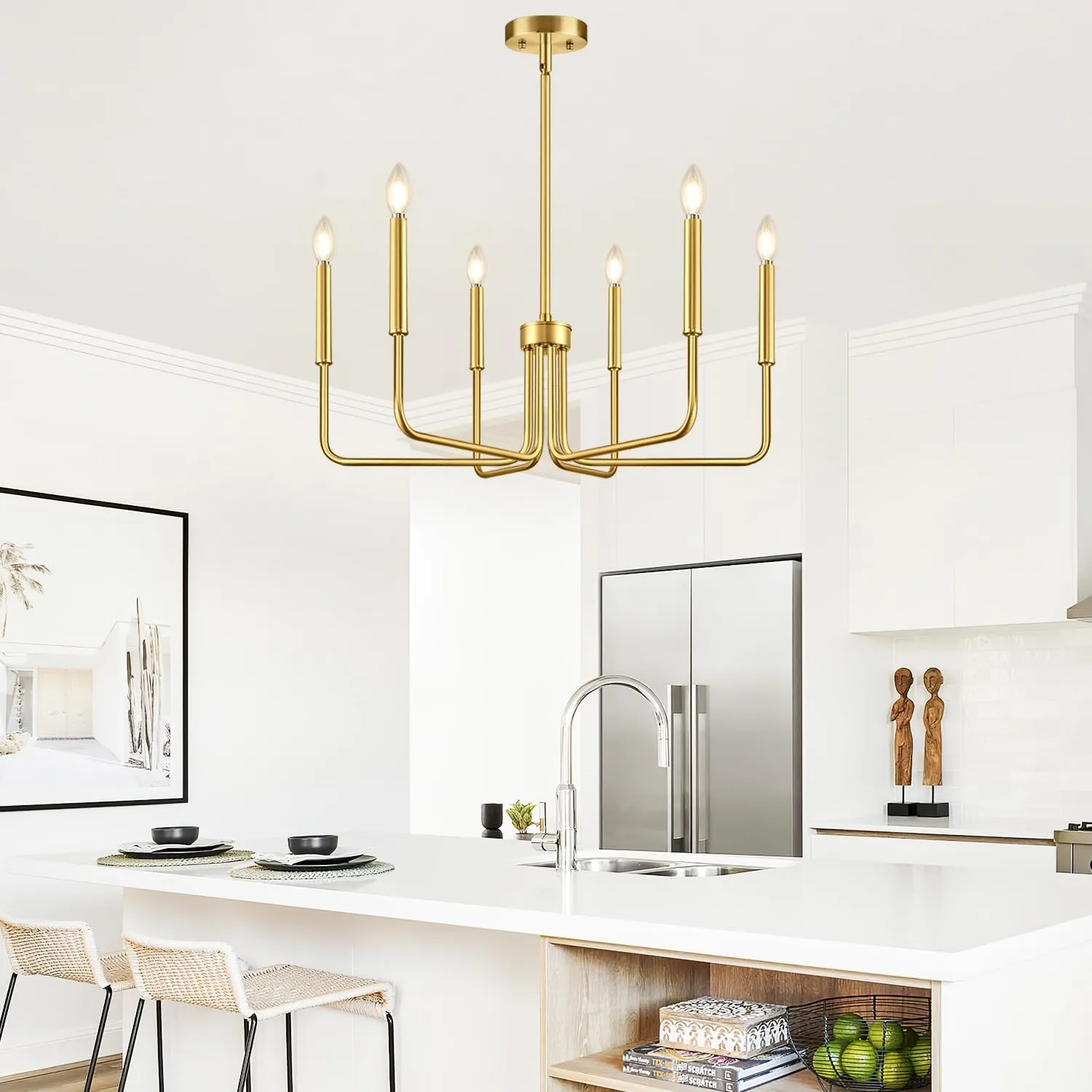 Brass Gold Chandelier, 6-Light Chandelier Light Fixture Farmhouse Chandeliers for Dining Room, Vintage Candle Pendant Light Fixtures Chandelier for Bedroom, Kitchen, Foyer, Entryway and Living Room