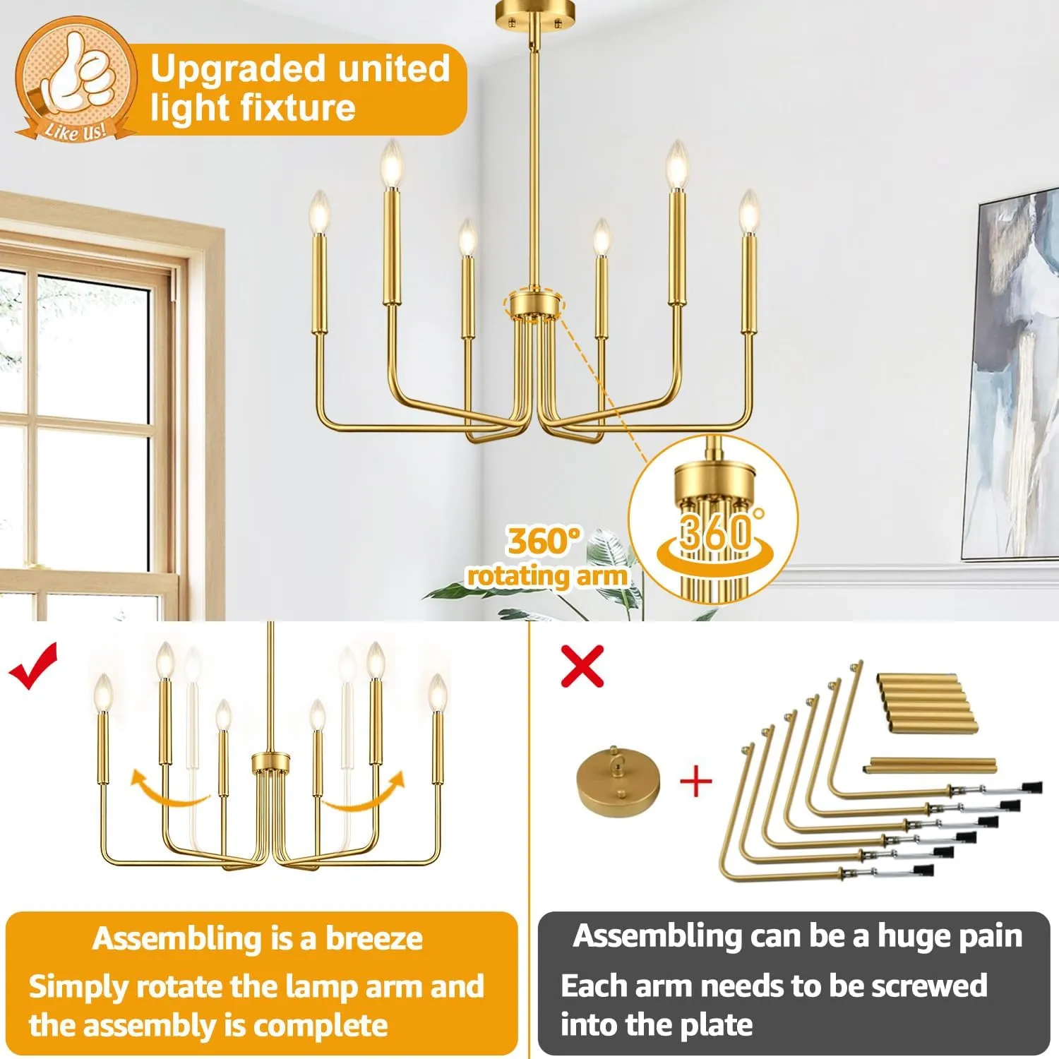 Brass Gold Chandelier, 6-Light Chandelier Light Fixture Farmhouse Chandeliers for Dining Room, Vintage Candle Pendant Light Fixtures Chandelier for Bedroom, Kitchen, Foyer, Entryway and Living Room