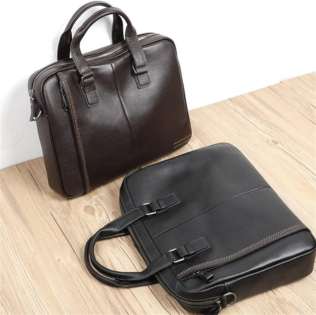 Briefcase Genuine Leather Shoulder Laptop Bag Office Bag for Men Briefcases Cow Leather Big Handbag Business(Black)