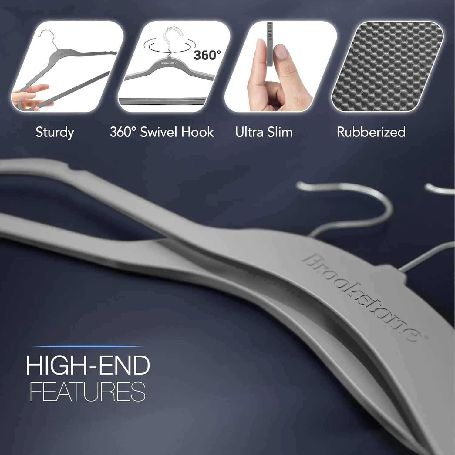 BROOKSTONE, 10 Pack [Non-Slip] High Grade Rubber Coated Plastic Hangers, Ultra Slim Lightweight Design, Heavy-Duty, Won’t Stain Fabric, Swivel 360° Hook, Gray