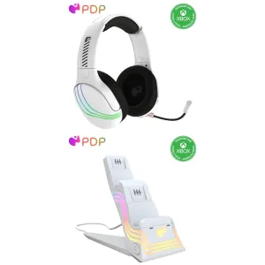 Bundle of PDP Afterglow Wave Wireless Headset with Mic for Xbox Series X|S, Windows 10/11 PC   LED Dual Gaming Charger for 2 Xbox Controllers, Customizable RGB Lighting Effects - White