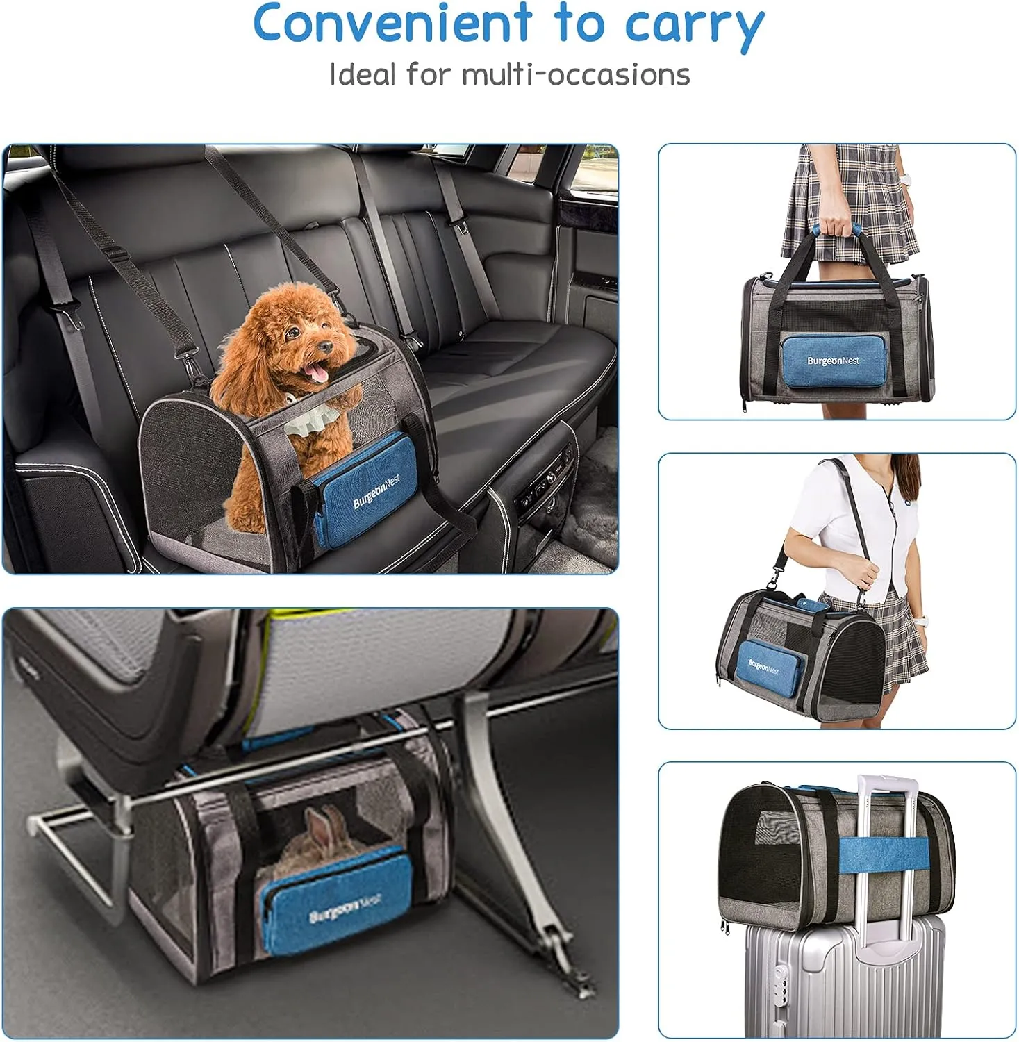 BurgeonNest Cat Carriers for Small Cats Under 15, Medium Puppy Under 25 lbs Large Pet 20 lbs Soft Sided Pet Carrier with Unique Side Bag (Medium, Grey)