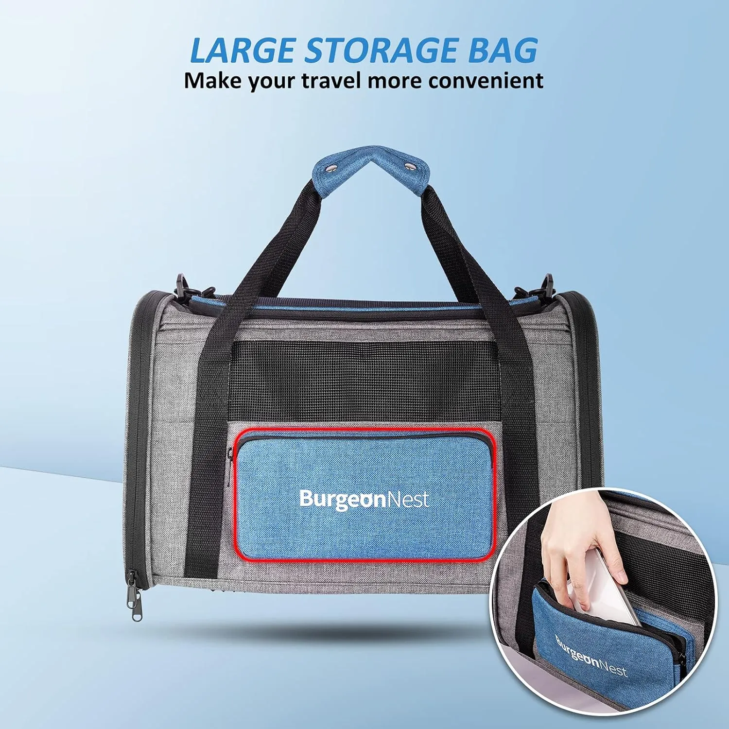 BurgeonNest Cat Carriers for Small Cats Under 15, Medium Puppy Under 25 lbs Large Pet 20 lbs Soft Sided Pet Carrier with Unique Side Bag (Medium, Grey)