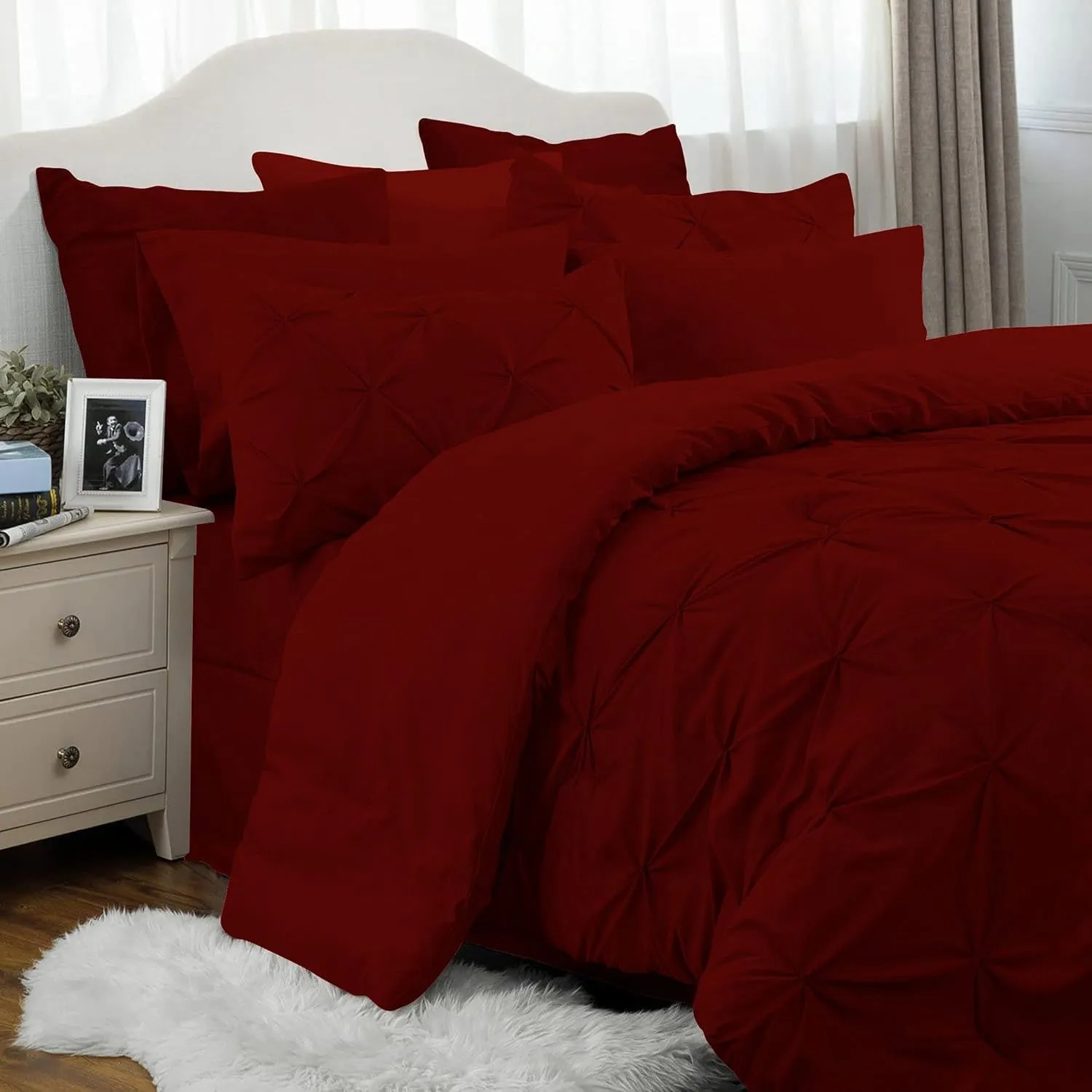 Burgundy Emperor Comforter Set - 7 Piece Pinch Pleated Bed in a Bag - 600 Thread Count 100% Egyptian Cotton Bedding Set - (30 inch Deep Pocket Sheet Set and 500GSM Comforter)