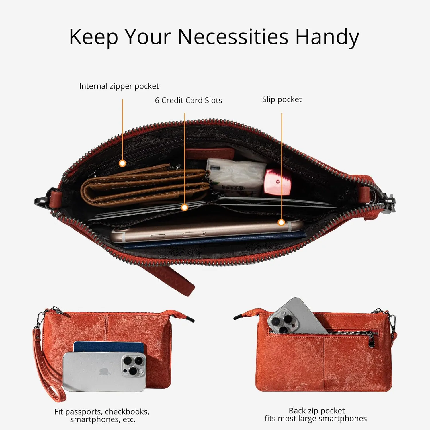 Bveyzi Genuine Leather Wristlet Purses for Women, Envelope Clutch Wallet Small Crossbody Bags for Dressy Evening