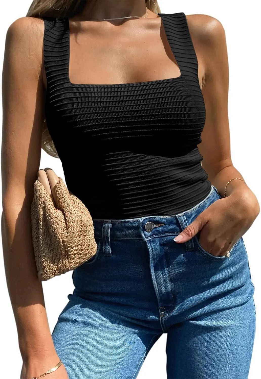 BZB Womens Ribbed Tank Tops 2025 Summer Sleeveless Square Neck Shirts Casual Slim Fitted Knit Shirts