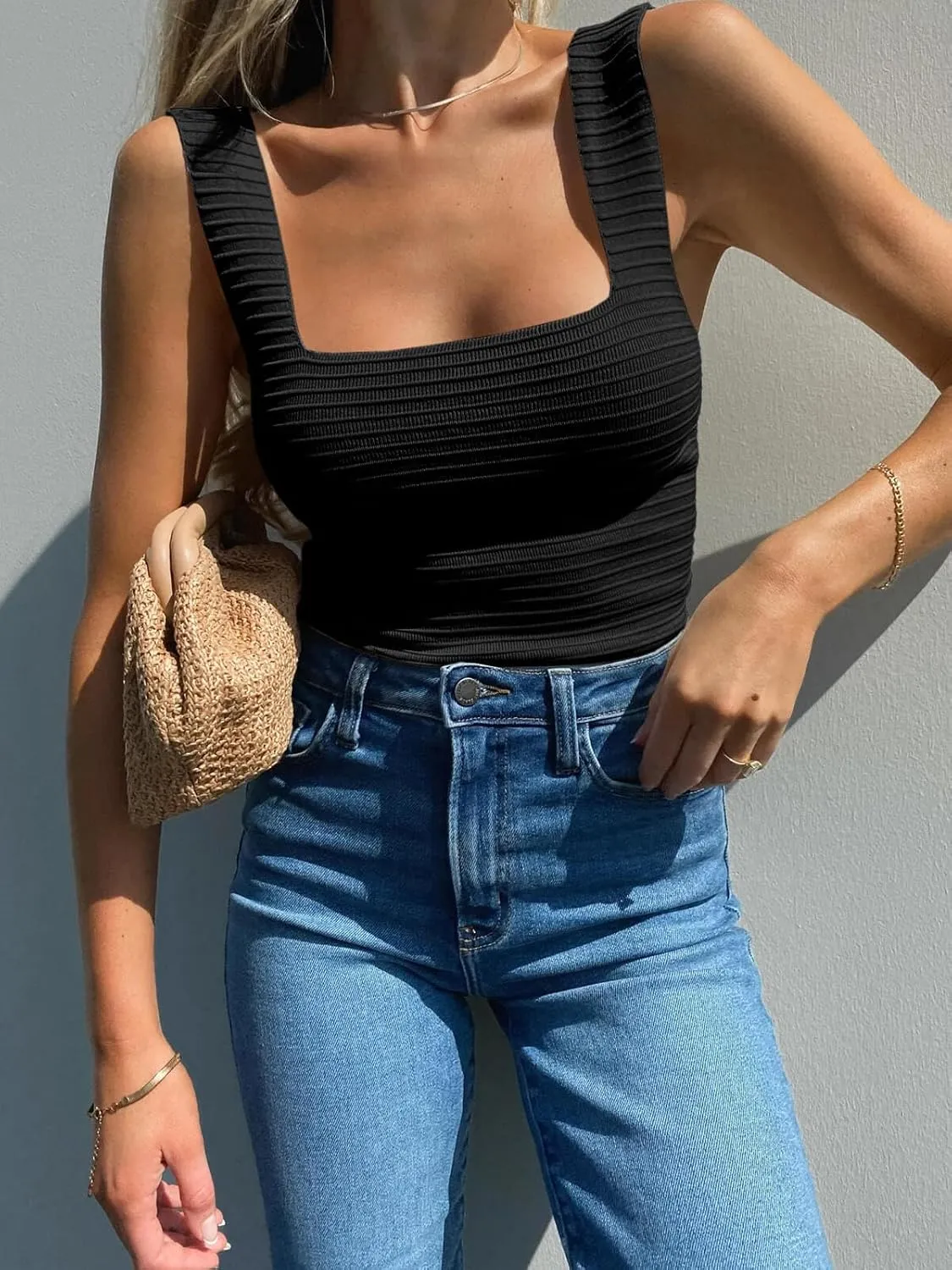 BZB Womens Ribbed Tank Tops 2025 Summer Sleeveless Square Neck Shirts Casual Slim Fitted Knit Shirts