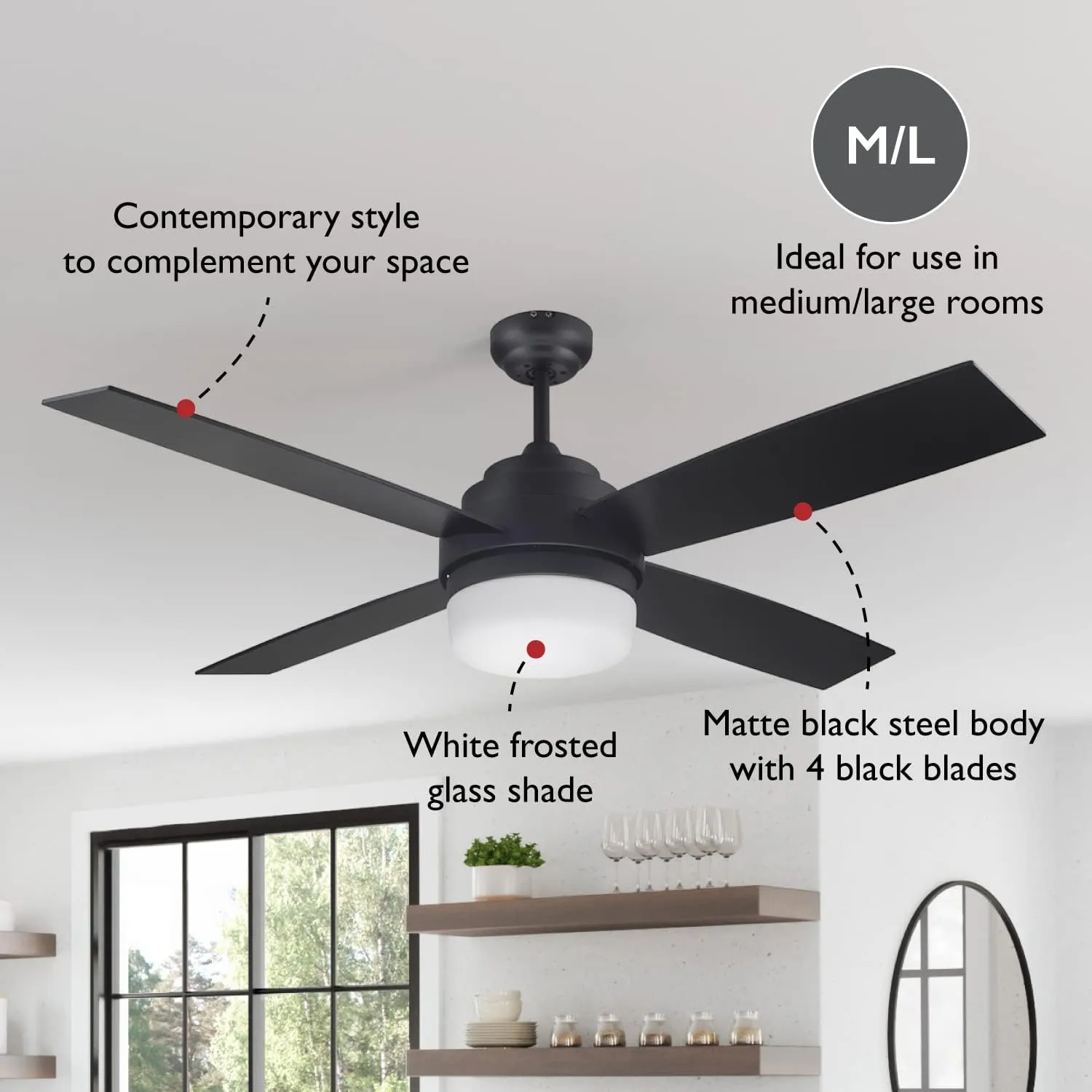 Cali 52-Inch Ceiling Fan with LED Light Kit, 4-Blade, Matte Black Finish, Remote Control – Design House, 157354-BLK